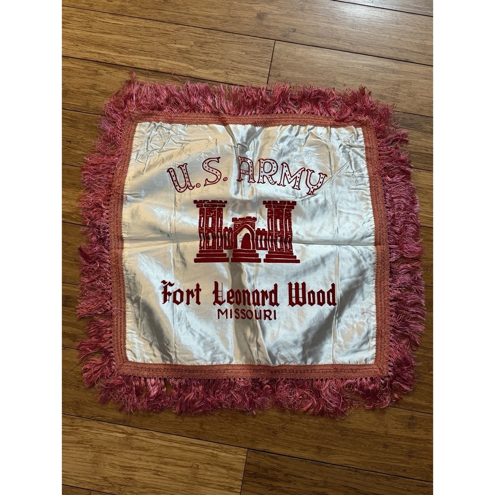 VTG Fort Leonard Wood Missouri Souvenir Pillow Cover Satin Fringe Army Military